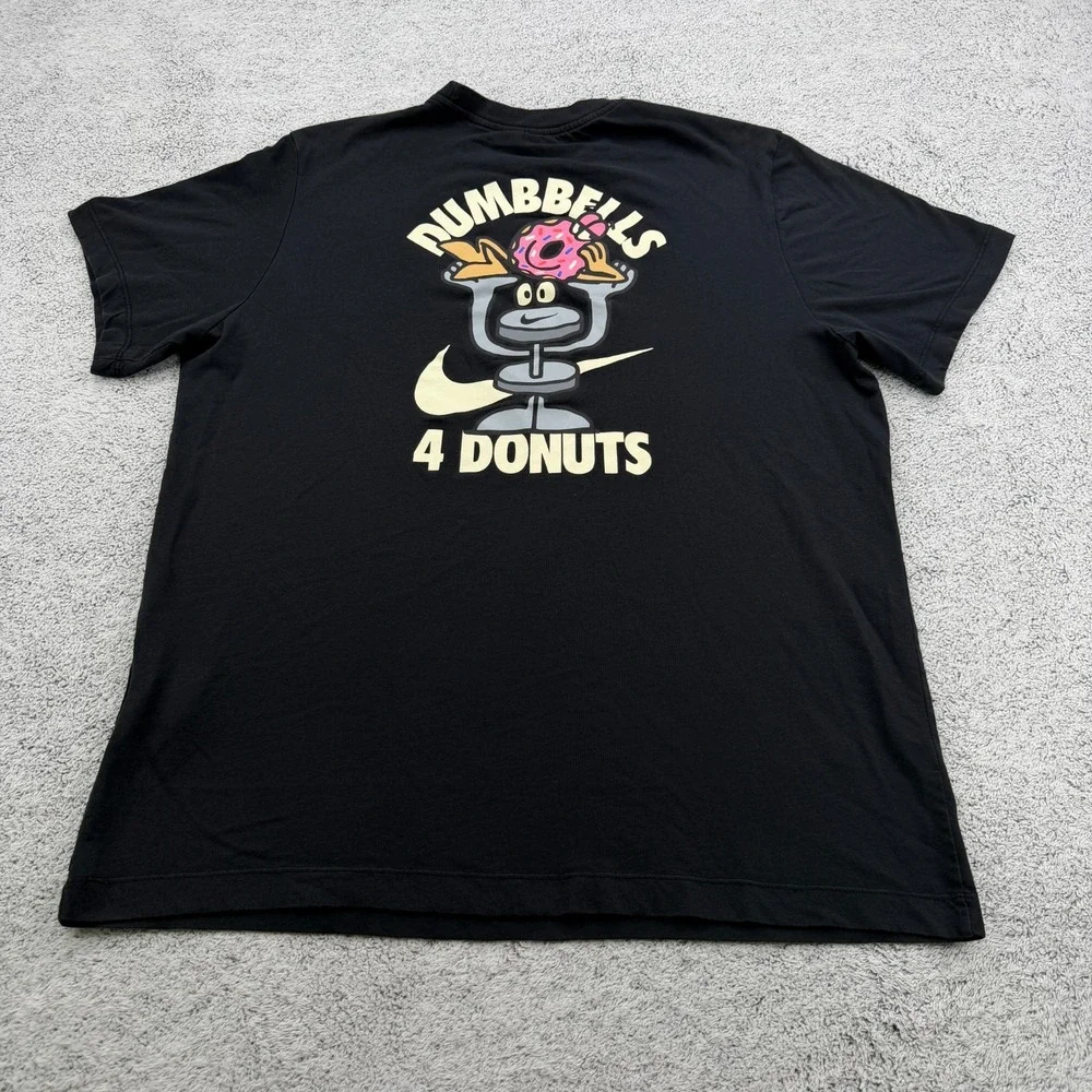 Nike Shirt Men Large Black Graphic Dumbells 4 Donuts Swoosh Gym Crew Dri Fit Tee